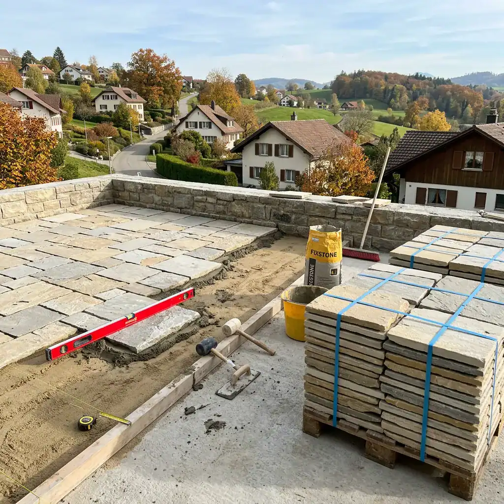 Pavés en pierre posés sur une surface en construction, avec outils et matériaux à proximité.
