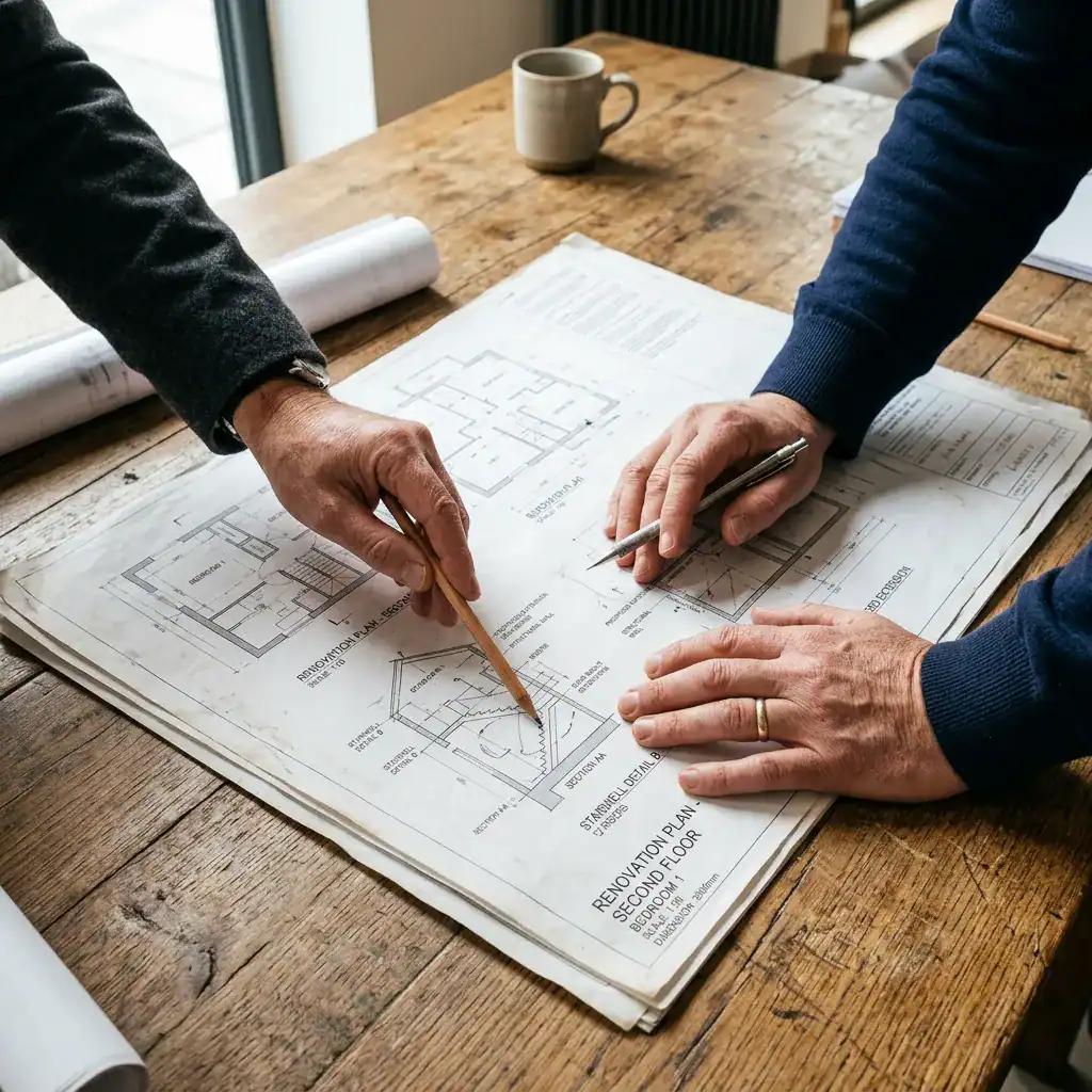 Deux personnes discutent de plans de rénovation sur une table en bois.