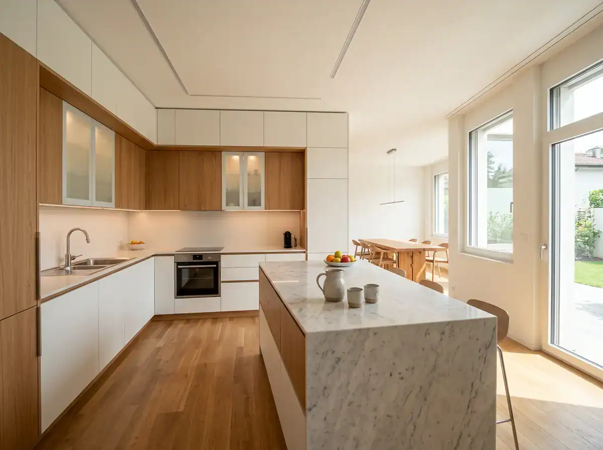 Cuisine lumineuse avec îlot central en marbre et armoires en bois clair.