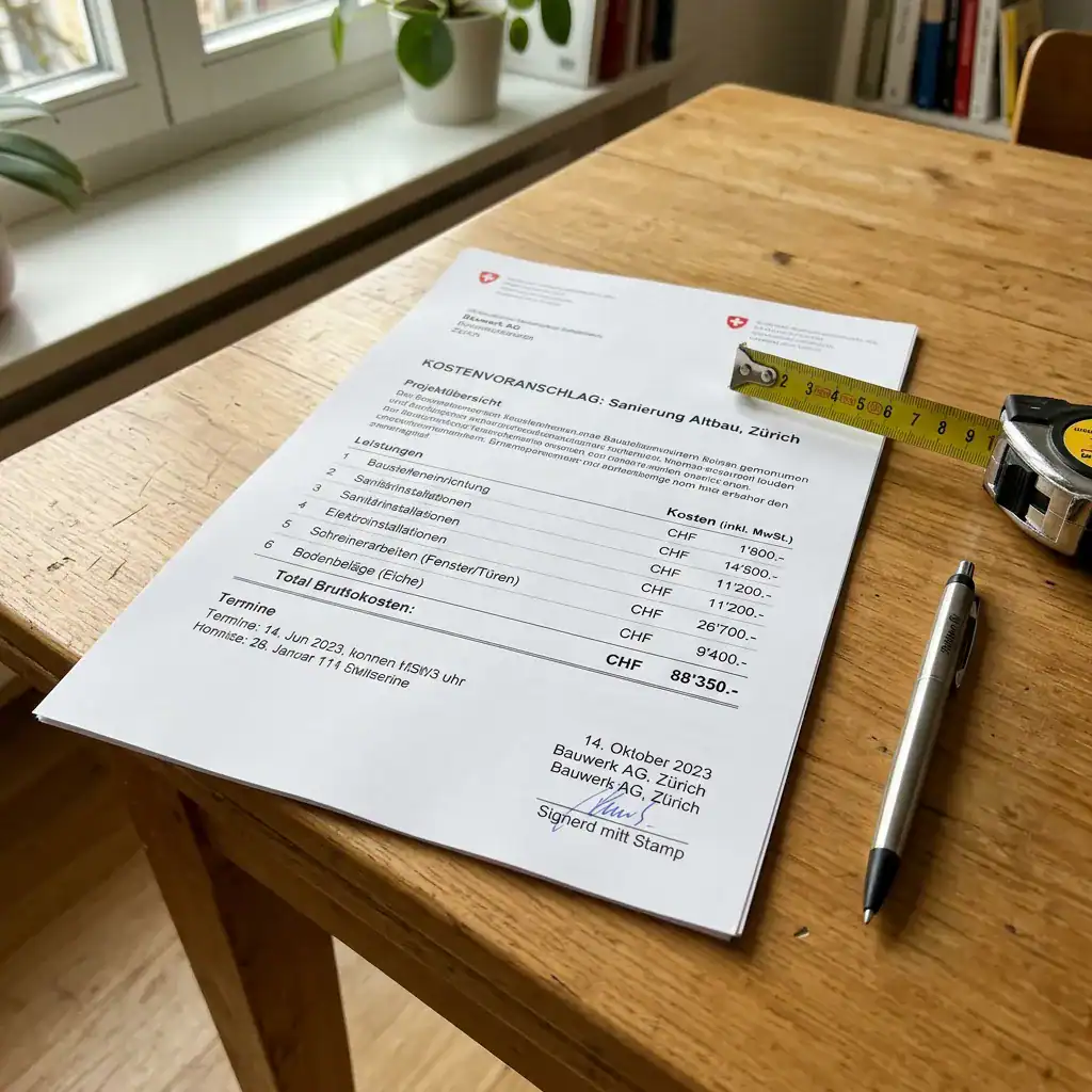 Devis de rénovation avec mesures et stylo sur table en bois.