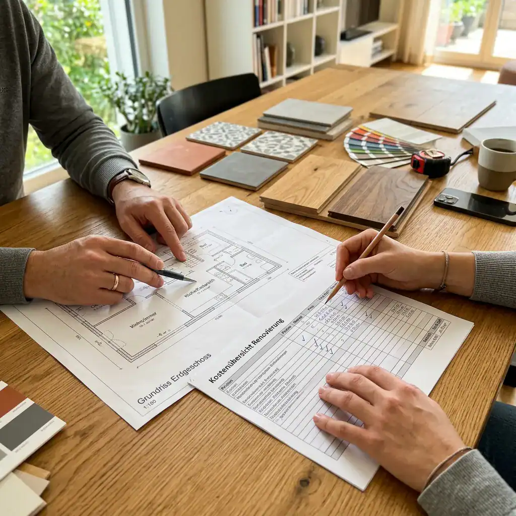 Deux personnes discutent de plans de rénovation avec échantillons de matériaux.