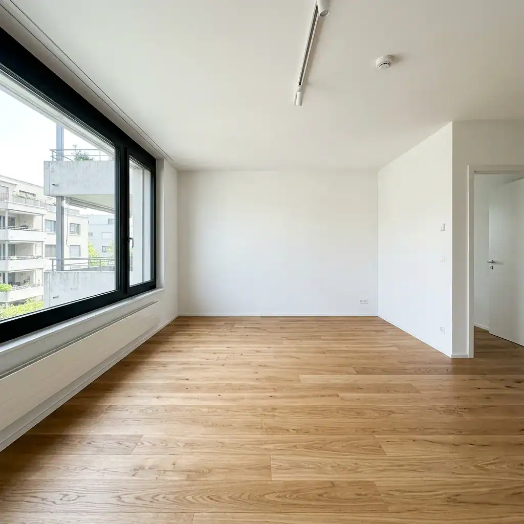 Pièce lumineuse avec parquet en bois clair et grande fenêtre.