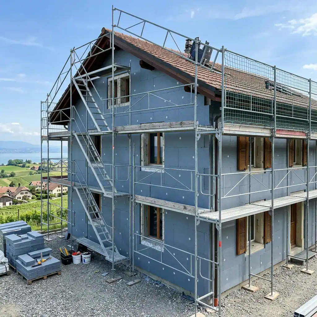 Maison en construction avec échafaudage et murs en isolation.