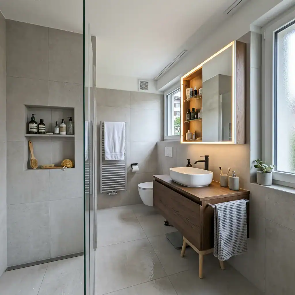 Salle de bain lumineuse avec lavabo rond, meuble en bois et étagères encastrées.