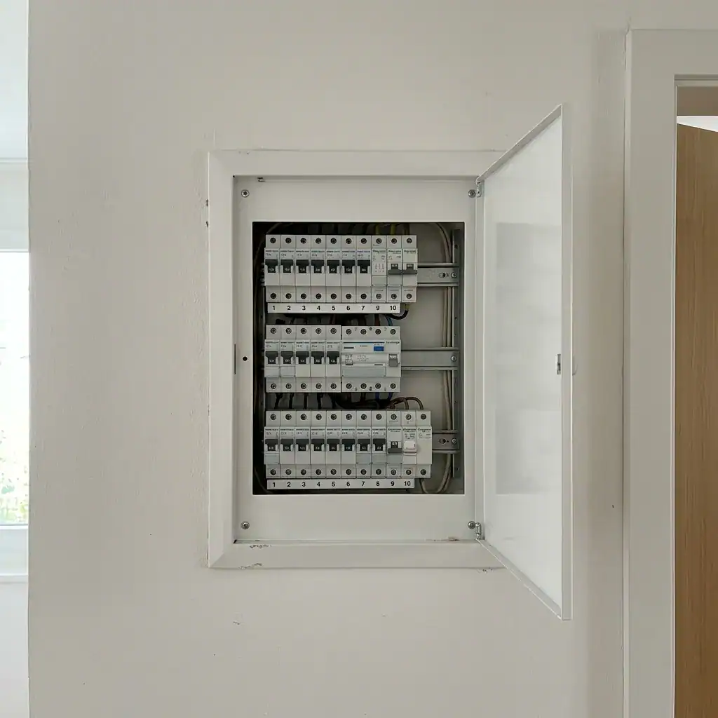 Panneau électrique encastré dans un mur blanc avec porte ouverte.