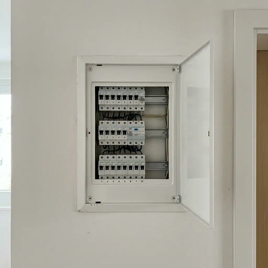 Panneau électrique encastré dans un mur blanc avec porte ouverte.