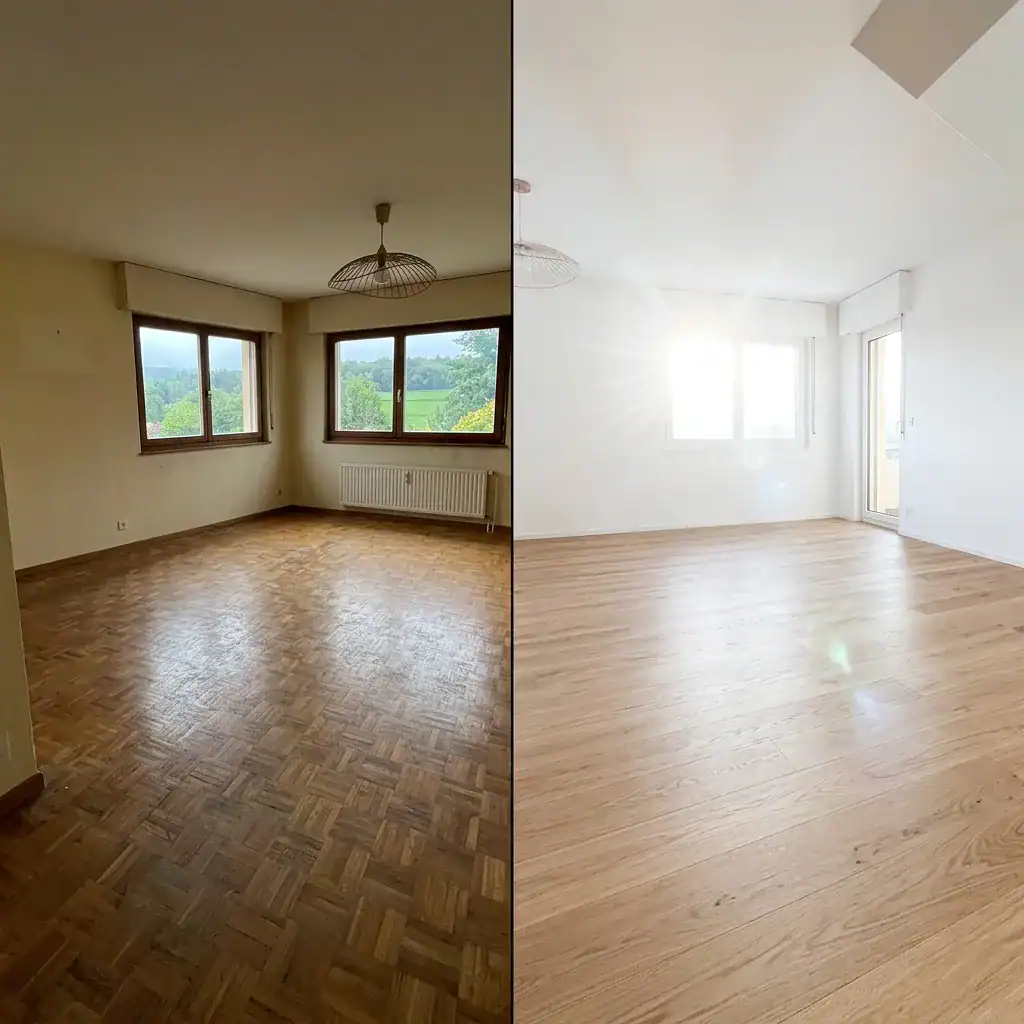 Salon lumineux avec parquet en bois clair et murs blancs.