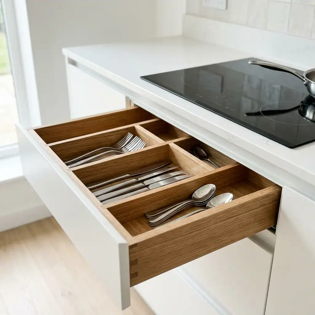 Tiroir de cuisine avec couverts en métal dans un compartiment en bois.