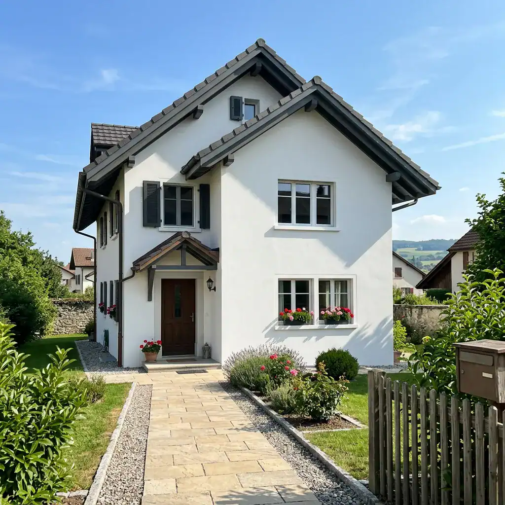 Maison blanche à deux étages avec fenêtres à volets noirs et jardin fleuri.