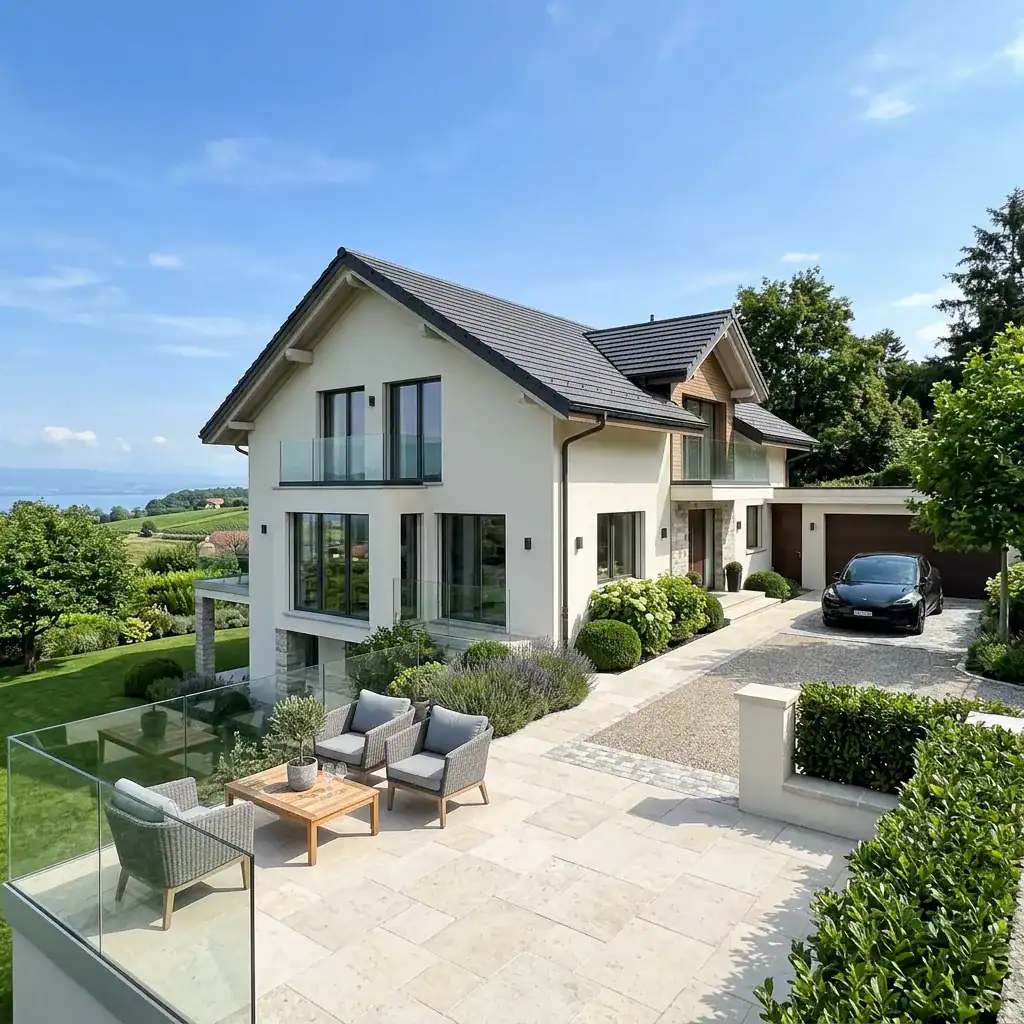 Maison moderne à deux étages avec grandes fenêtres et terrasse en pierre.