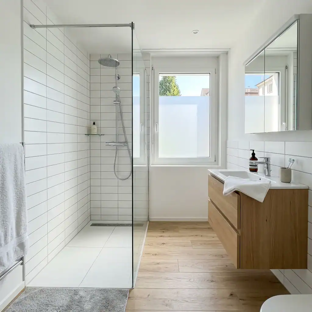 Salle de bain avec douche à l'italienne, lavabo en bois et miroir.