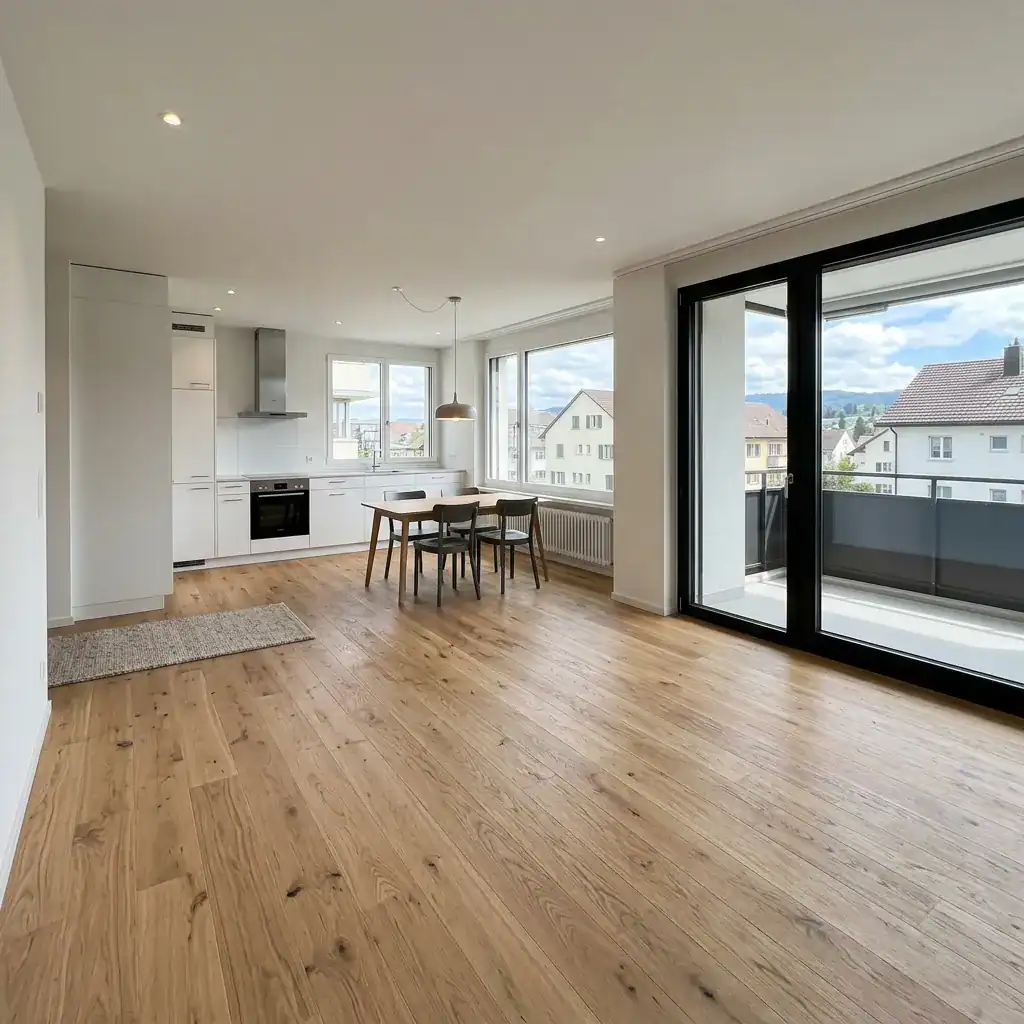 Espace intérieur lumineux avec cuisine blanche et grand balcon en verre.