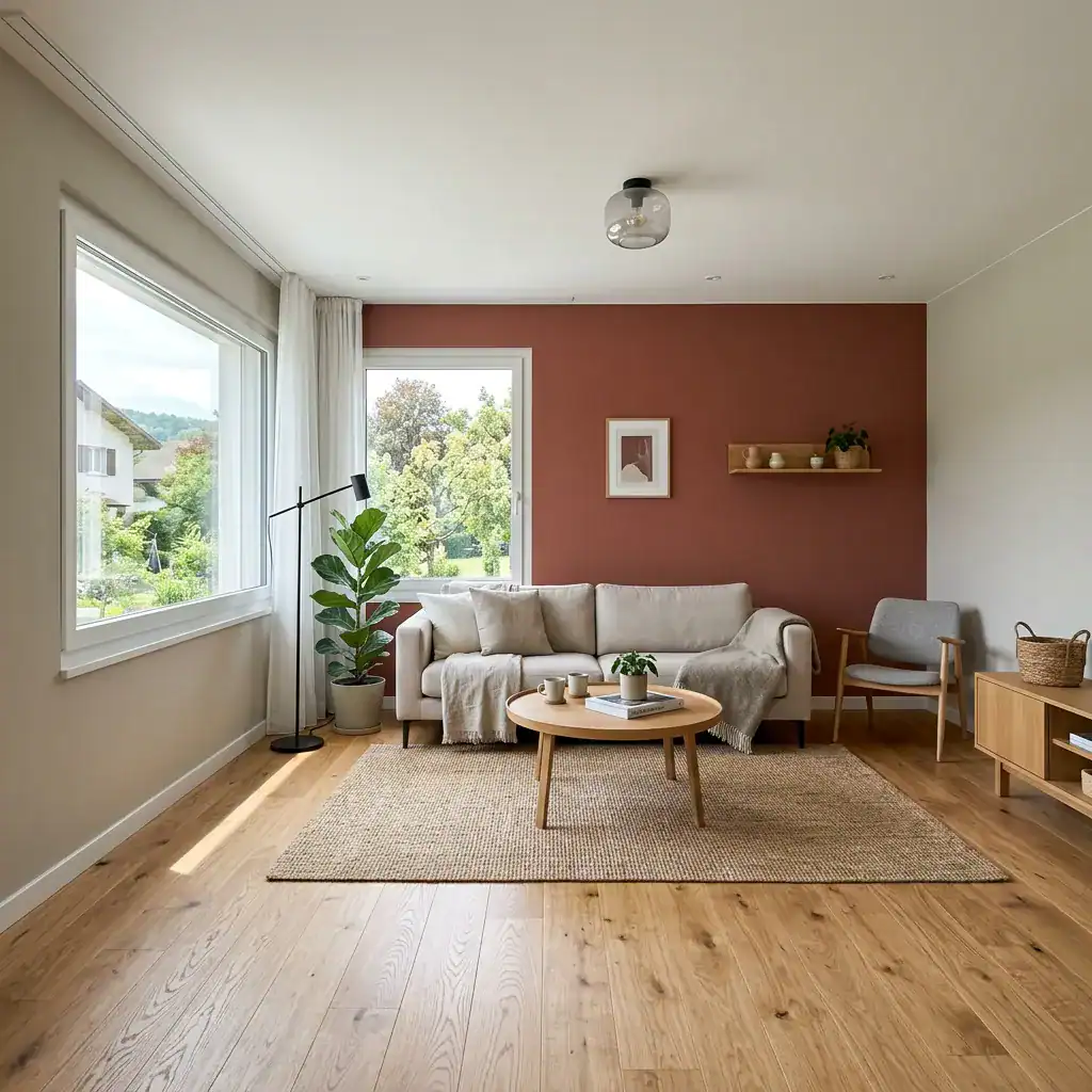 Salon lumineux avec canapé beige, mur brique rouge et plantes vertes.